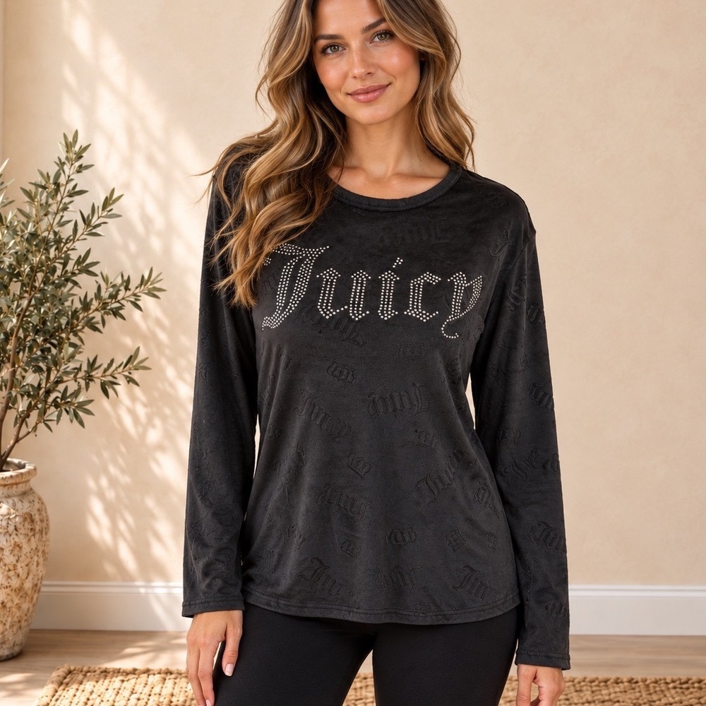 Juicy Couture Black Velour Rhinestone Logo Long Sleeve Top Large Y2K 7114-47